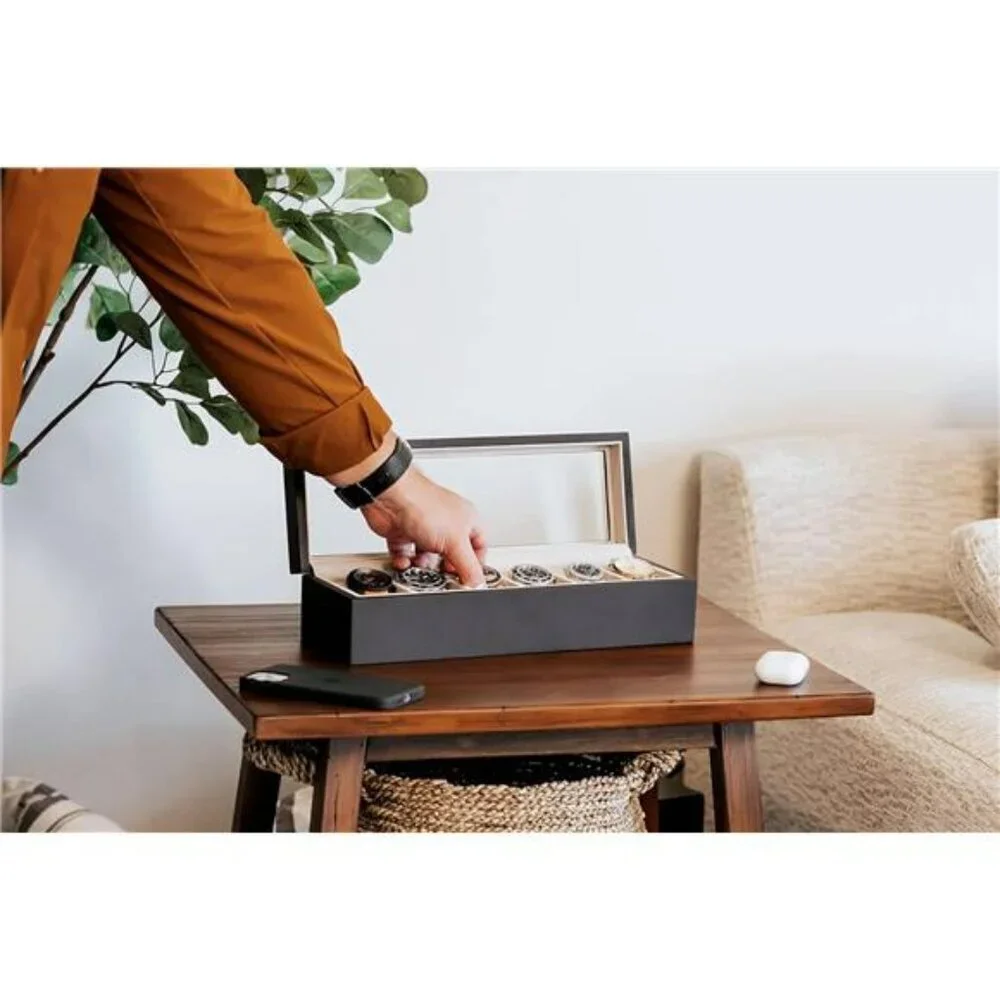 Wood Watch Box Organizer Glass Top Display Case for Men Women 6 Slot Storage